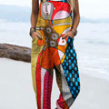 Women's Colorful Abstract Faces Realistic Art Print Casual 100% Cotton Wide Leg Jumpsuit