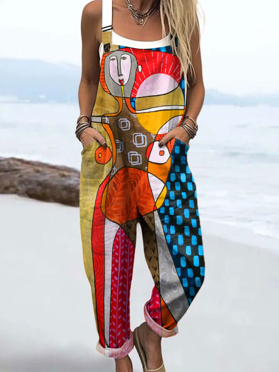 Women's Colorful Abstract Faces Realistic Art Print Casual 100% Cotton Wide Leg Jumpsuit