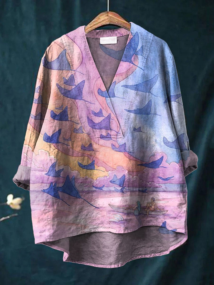 Women's Vintage Lovely Manta Rays Art Print Casual Cotton And Linen V-neck Shirt