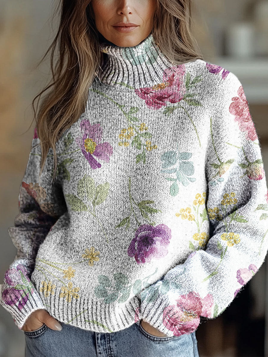 womens-retro-art-watercolor-flowers-print-knit-turtleneck-pullover-sweater