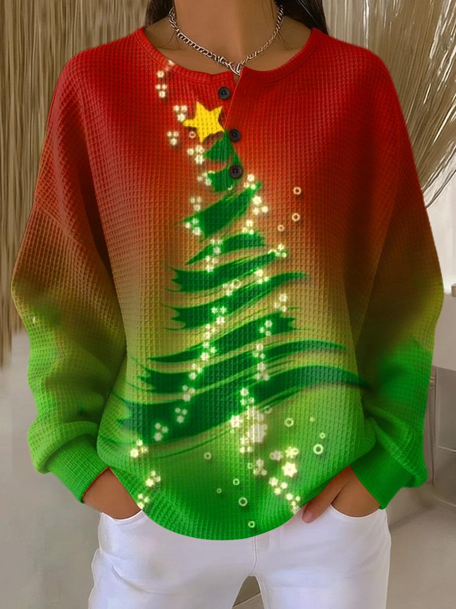 Women's Vintage Christmas Tree Art Print Casual Cotton Sweatshirt