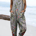 Women's Vintage Lovely Floral Art Print Casual 100% Cotton Wide Leg Jumpsuit