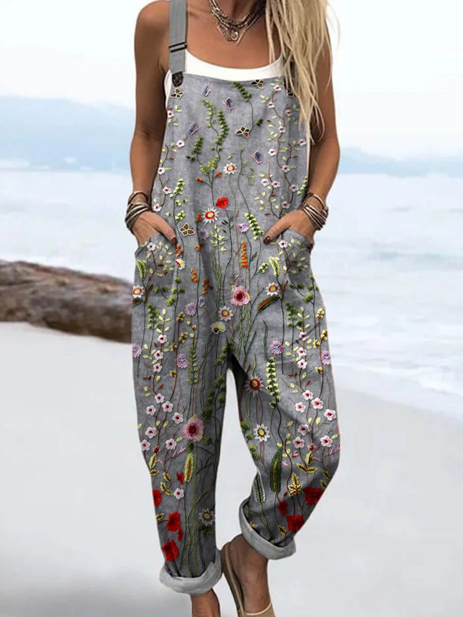 Women's Vintage Lovely Floral Art Print Casual 100% Cotton Wide Leg Jumpsuit