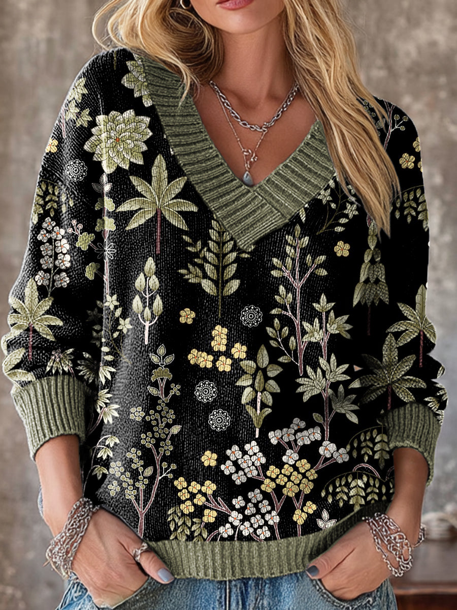 Vintage Ethnic Botanical Leaves Art Print Knit V-neck Pullover Sweater