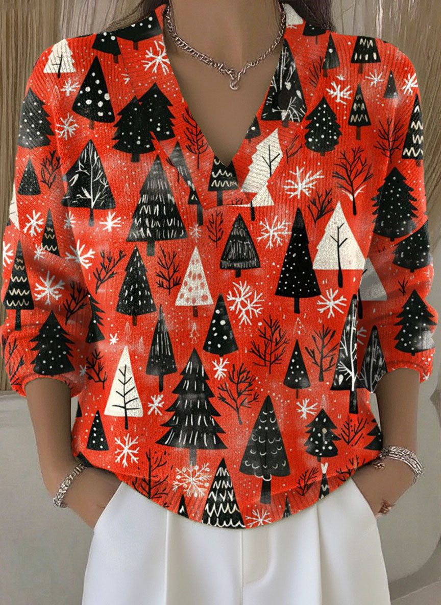 Vintage Christmas Tree Art Print Buttoned Cardigan Sweater