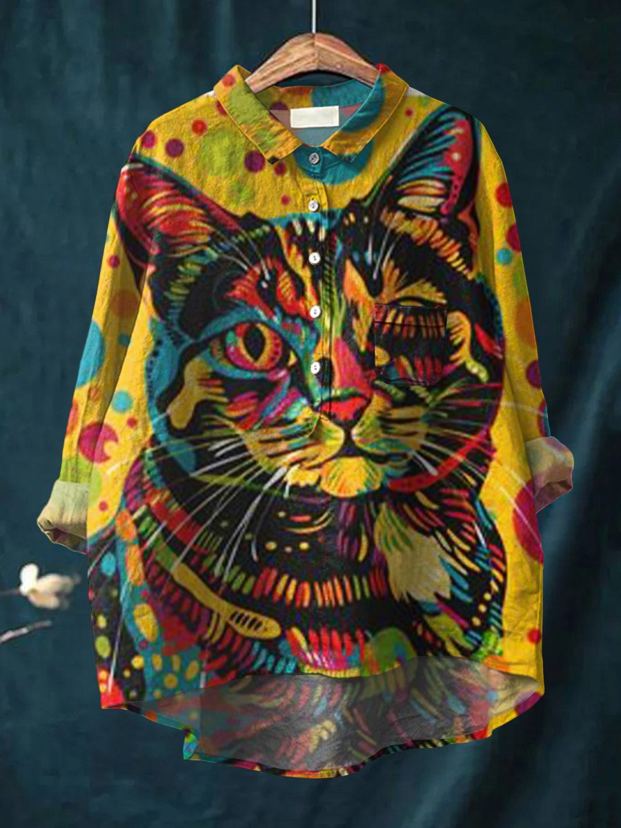 Women's Cat Print Casual Cotton And Linen Shirt