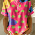 Retro Color-block Patchwork Print Loose-fit Cotton-linen Short-sleeve Shirt