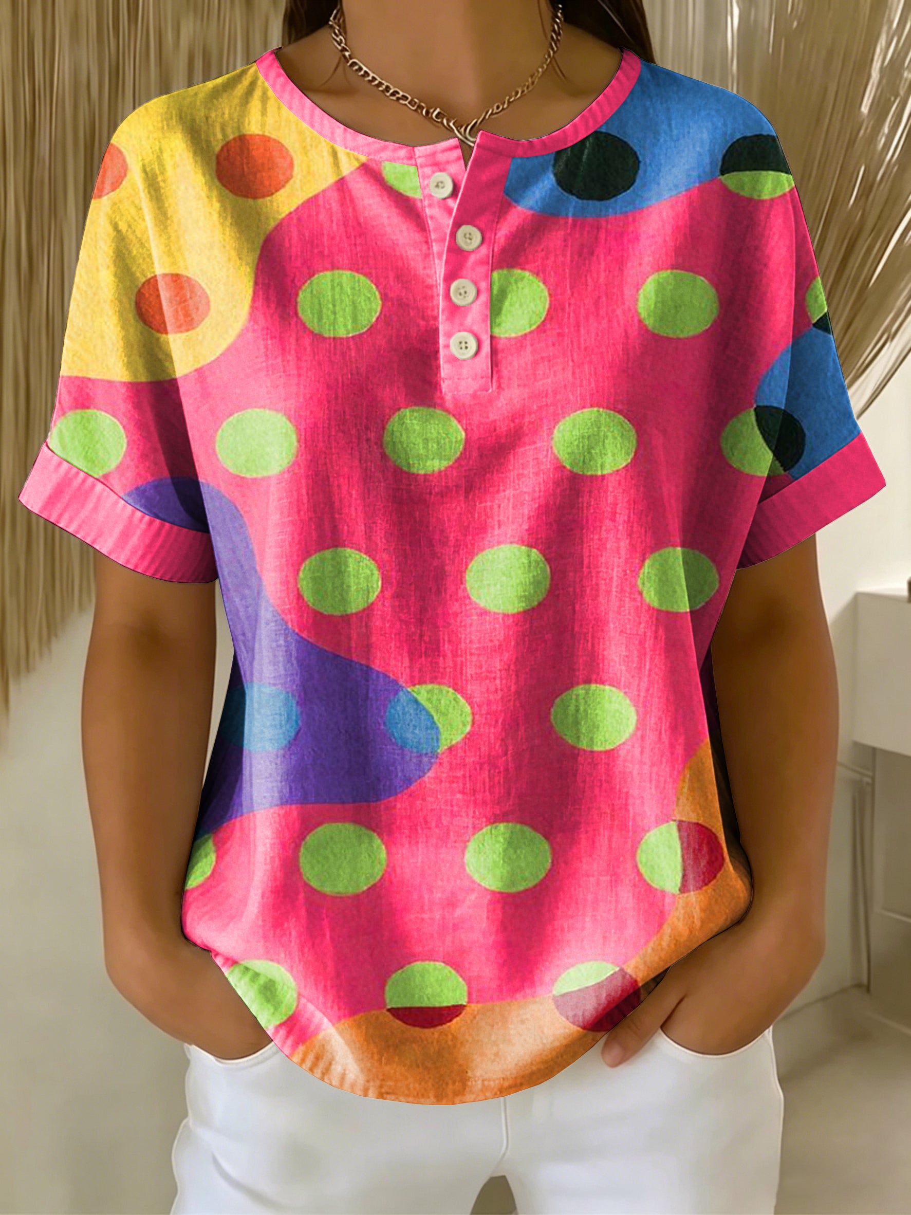 Retro Color-block Patchwork Print Loose-fit Cotton-linen Short-sleeve Shirt