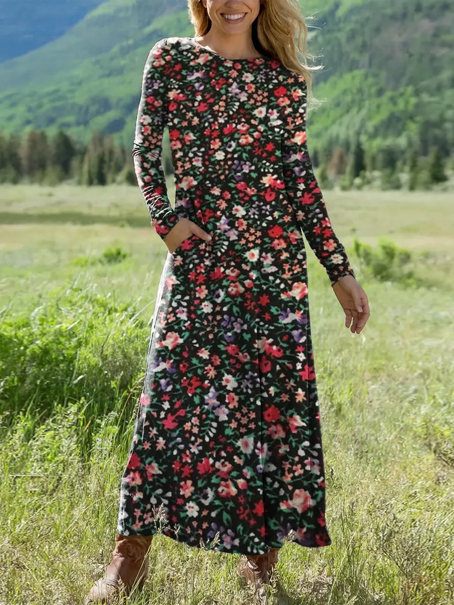Women's Vintage Floral Art Print Casual Cotton Dress
