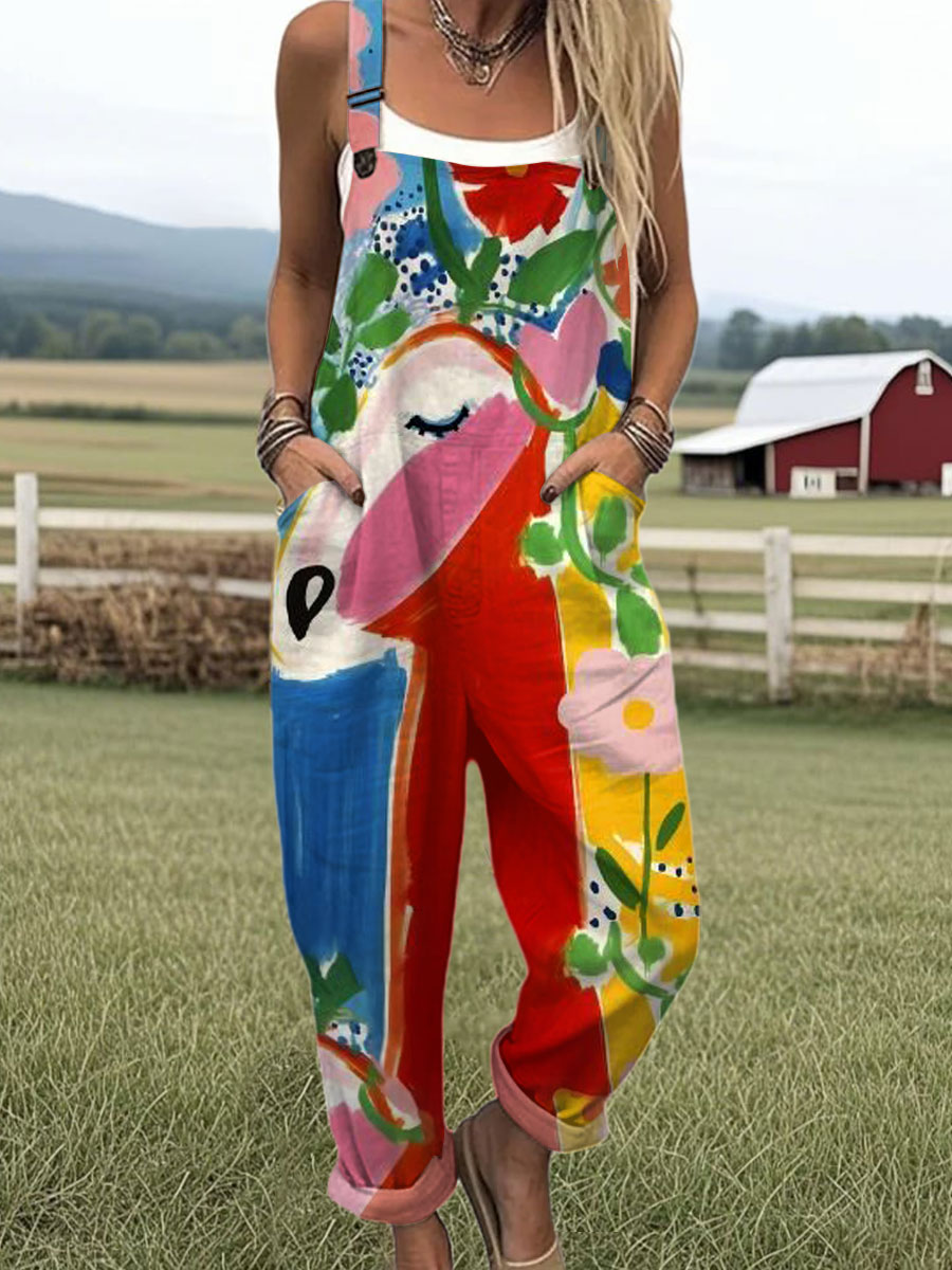 Women's  Funny  Farm Horse Art Print Casual 100% Cotton Wide Leg Jumpsuit