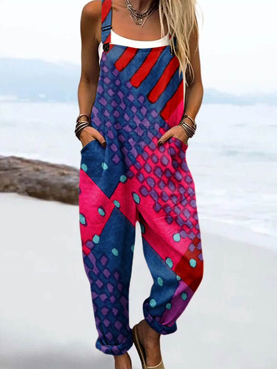 Women's Vintage Abstract Geometric Lines Print Casual 100% Cotton Wide Leg Jumpsuit