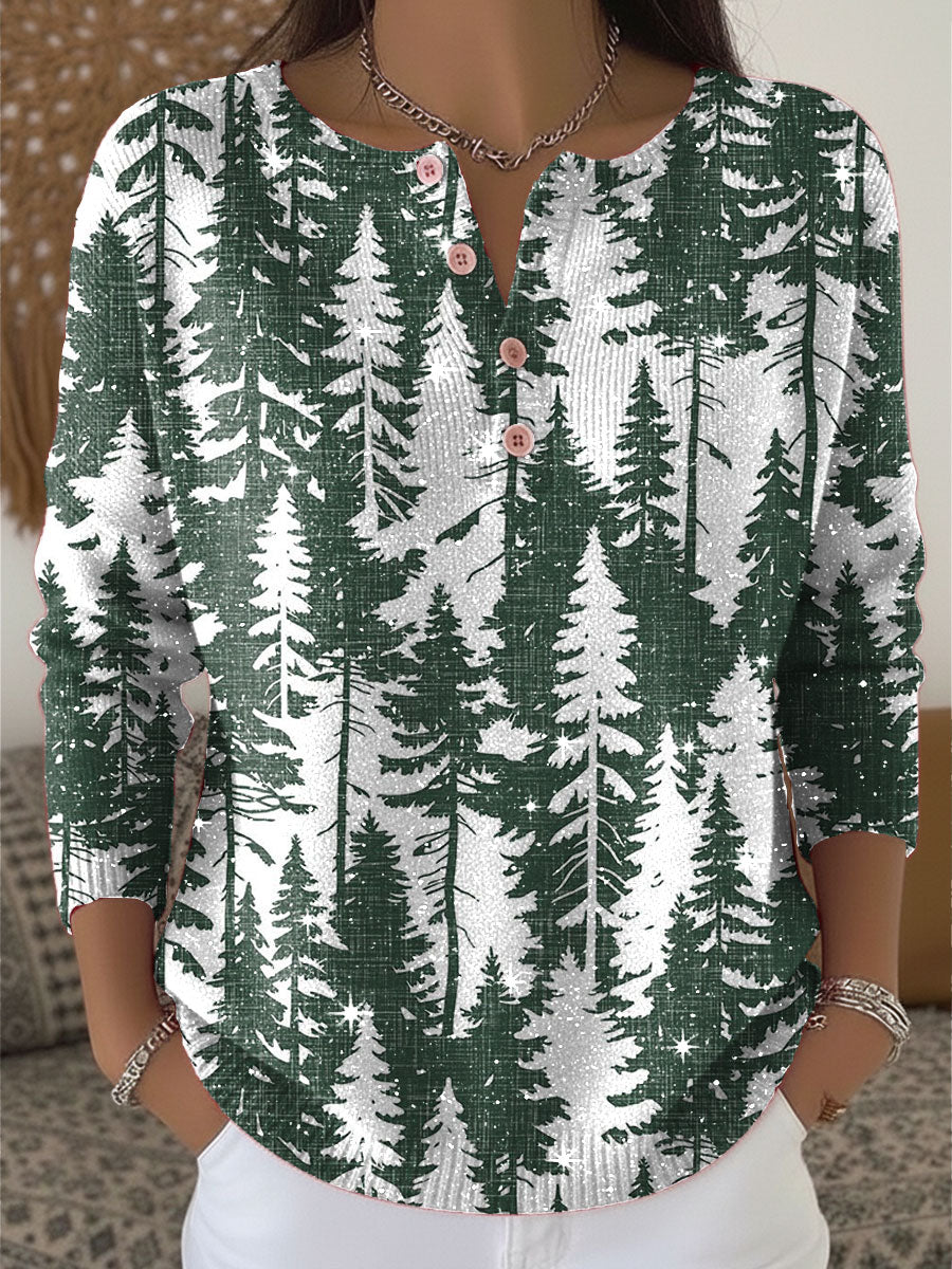 Vintage Christmas Tree Art Print Henley Neck Sparkling Sequin Sweater