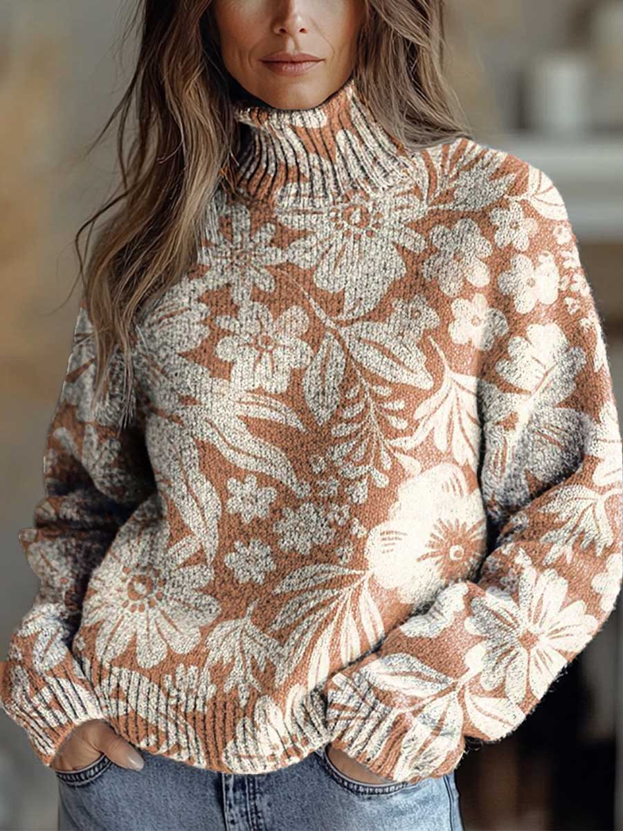 womens-vintage-art-flower-print-knit-turtleneck-pullover-sweater-wdlm