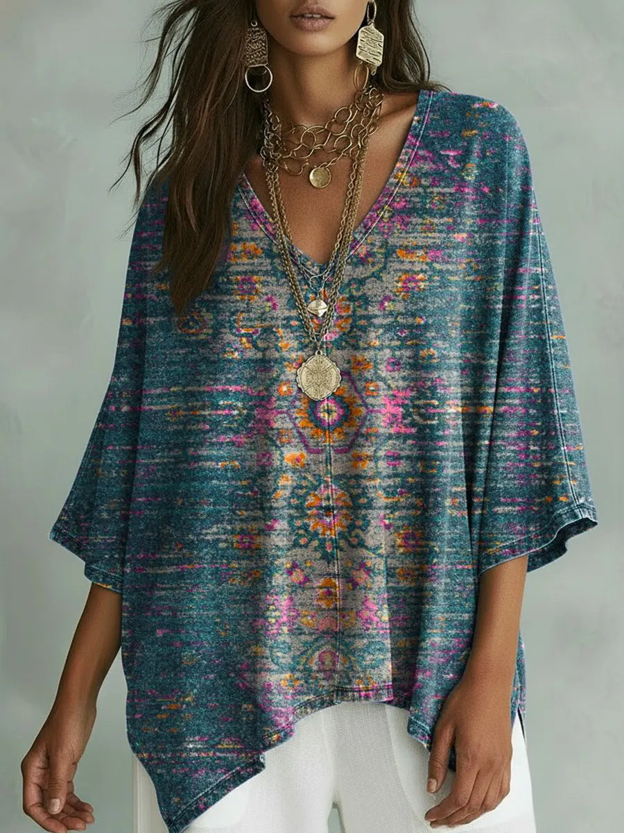 Women's Vintage Floral Art Print Casual Bat Sleeve Denim Shirt