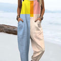 Women's Vintage Abstract Geometric Art Print Casual 100% Cotton Wide Leg Jumpsuit