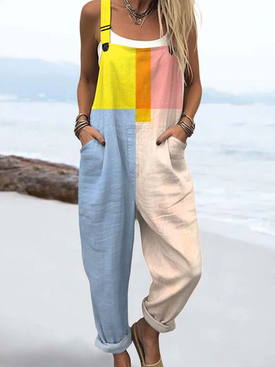 Women's Vintage Abstract Geometric Art Print Casual 100% Cotton Wide Leg Jumpsuit