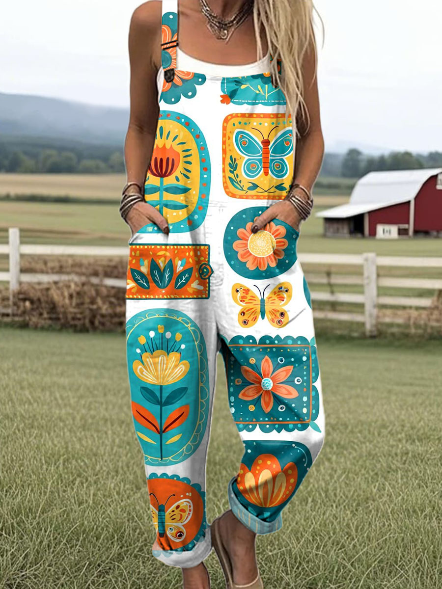 Women's Art Creative Cute Flower Butterfly Print Casual 100% Cotton Wide Leg Jumpsuit