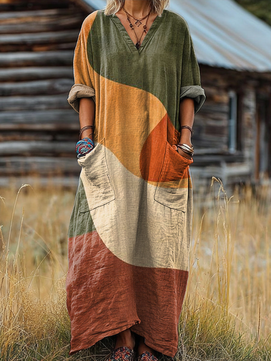 Women's Vintage Abstract Multicolor Block Art Print Pocket V-neck Cotton Dress