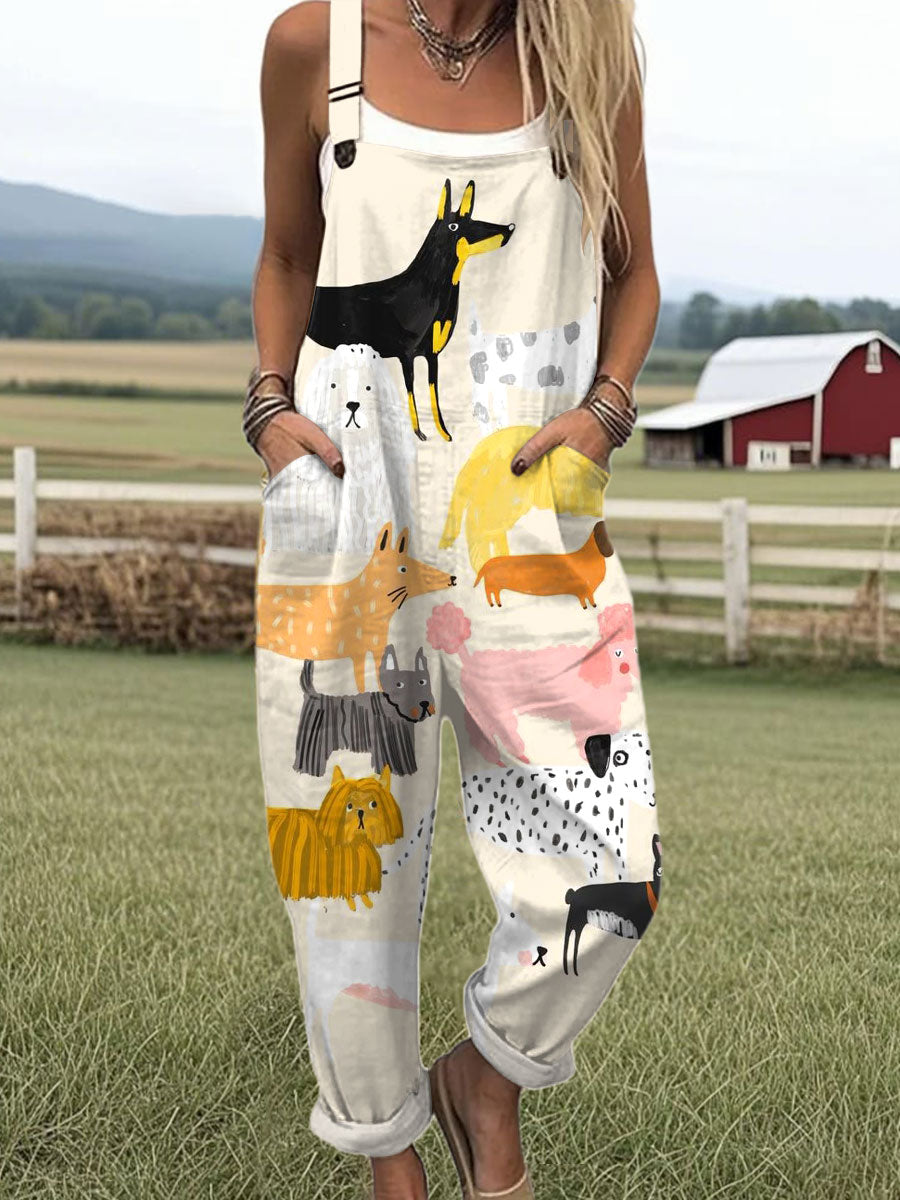 Women's  Funny Dog Art Print Casual 100% Cotton Wide Leg Jumpsuit