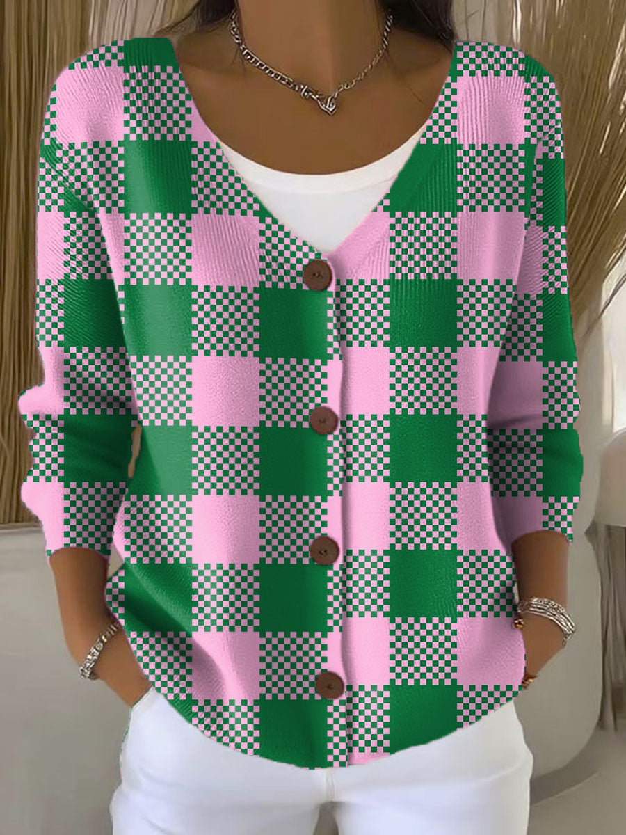 two-tone-plaid-print-buttoned-v-neck-cardigan-sweater