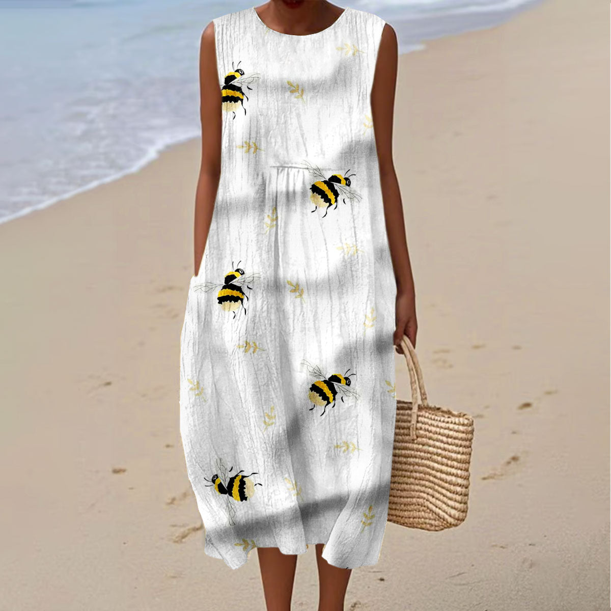 Women's Vintage Sweet Bee Art Print Sleeveless Cotton Pocket Wrap Dress