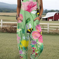 Women's  Vintage Bee Floral Art Print Casual 100% Cotton Wide Leg Jumpsuit