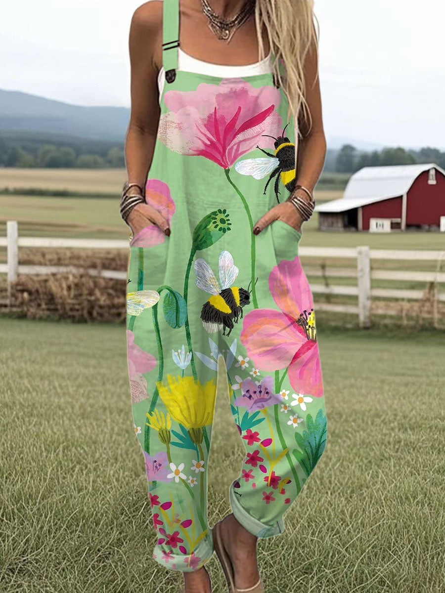 Women's  Vintage Bee Floral Art Print Casual 100% Cotton Wide Leg Jumpsuit