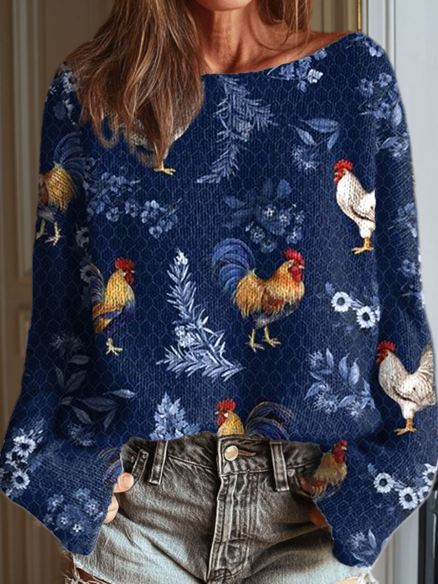 womens-vintage-flower-chicken-art-print-casual-pullover-sweater