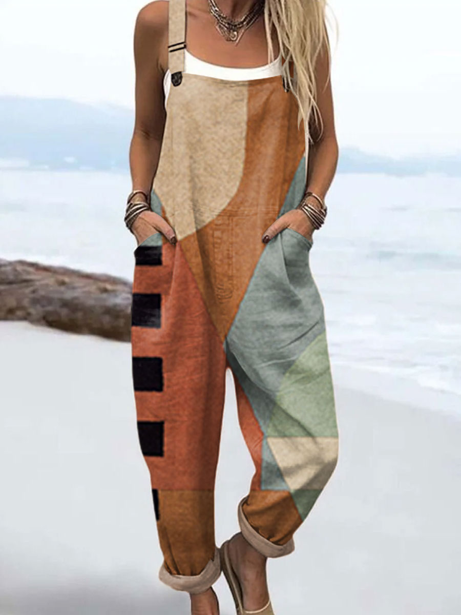 Women's  Vintage Floral Art Print Casual 100% Cotton Wide Leg Jumpsuit