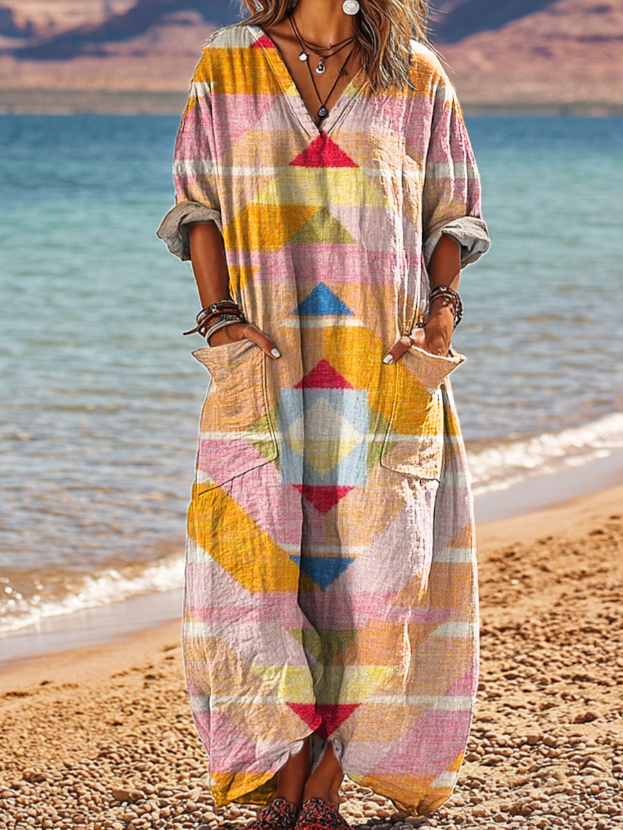 Women's Abstract Colorful Geometric Painting Art Print Pocket V-neck Cotton Dress