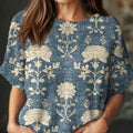 Women's Vintage Floral Art Print Casual Crew Neck Short Sleeve Knitted Sweater
