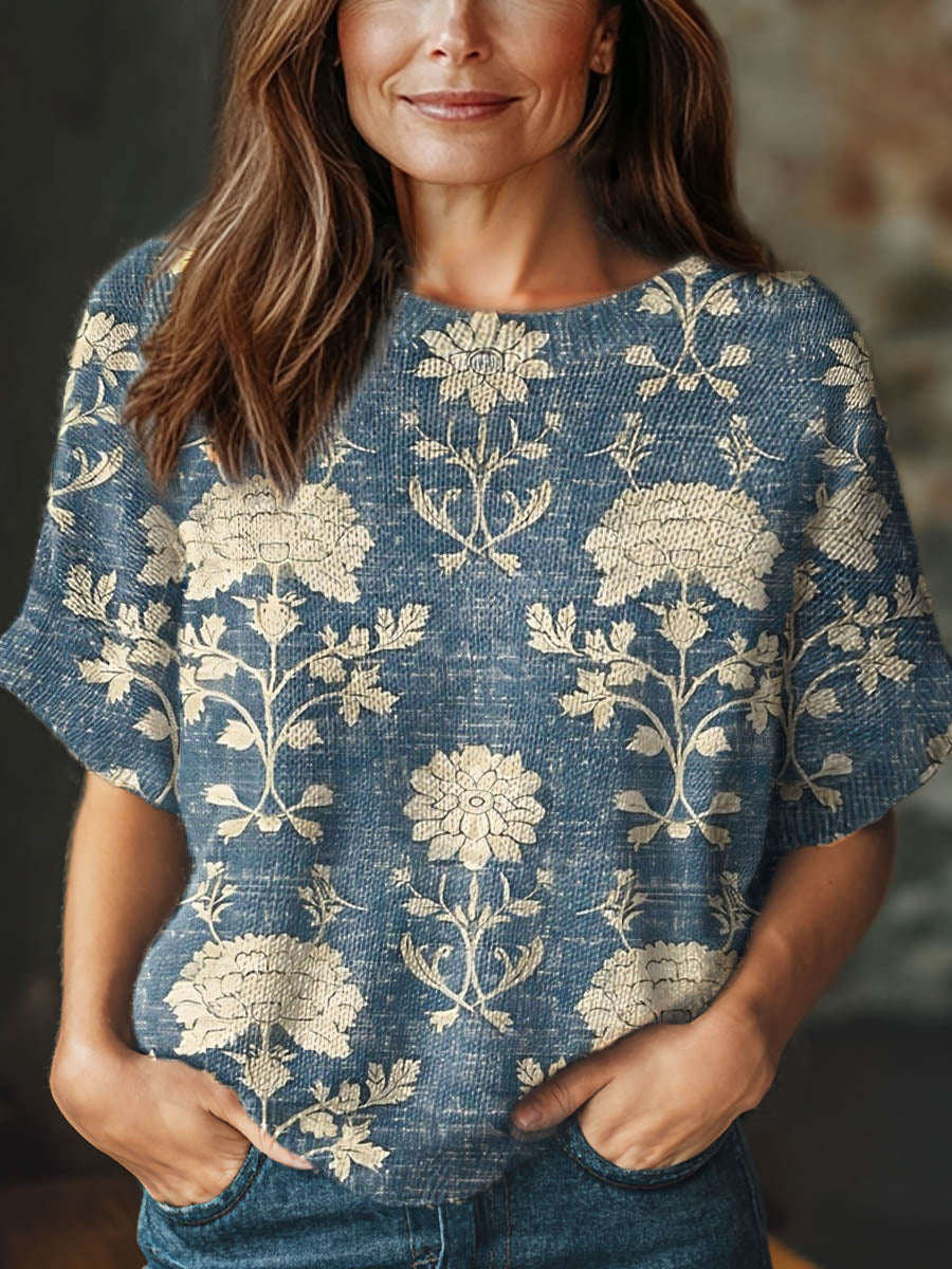 Women's Vintage Floral Art Print Casual Crew Neck Short Sleeve Knitted Sweater