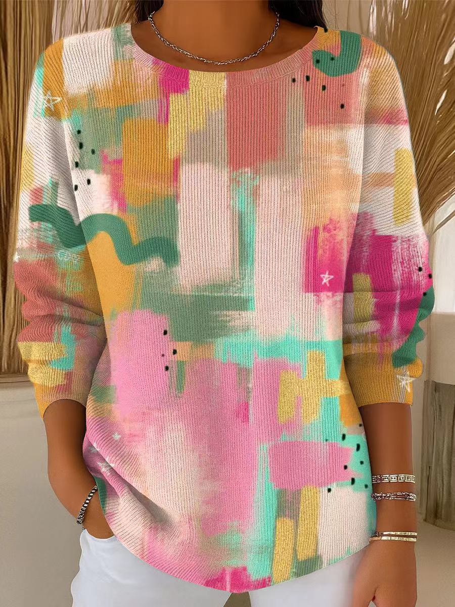Women's Colorful Color Block Graffiti Painting Art Print Casual Pullover Sweater