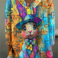 Women's Easter Bunny Colorful Art Print Casual Cotton And Linen 3/4 Sleeve Shirt