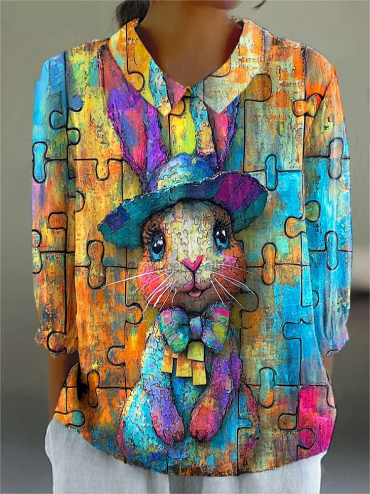 Women's Easter Bunny Colorful Art Print Casual Cotton And Linen 3/4 Sleeve Shirt