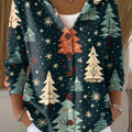 Women's Cute Winter Christmas Tree Drawing Art Print Casual Hooded Button Sweater