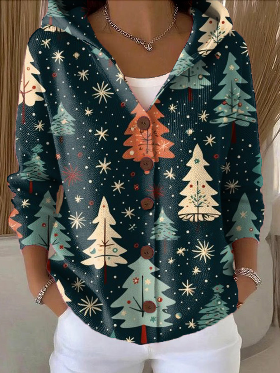 Women's Cute Winter Christmas Tree Drawing Art Print Casual Hooded Button Sweater