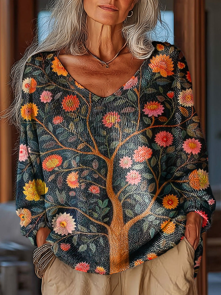 womens-vintage-tree-flowers-painting-art-print-casual-pullover-sweater