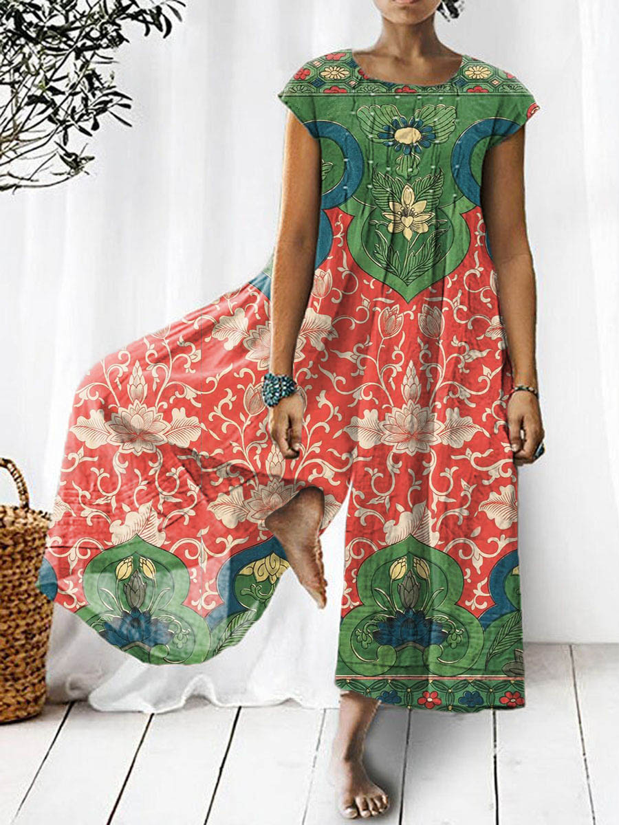 Women's Vintage Lovely Floral Pattern Art Print Casual Denim Jumpsuit