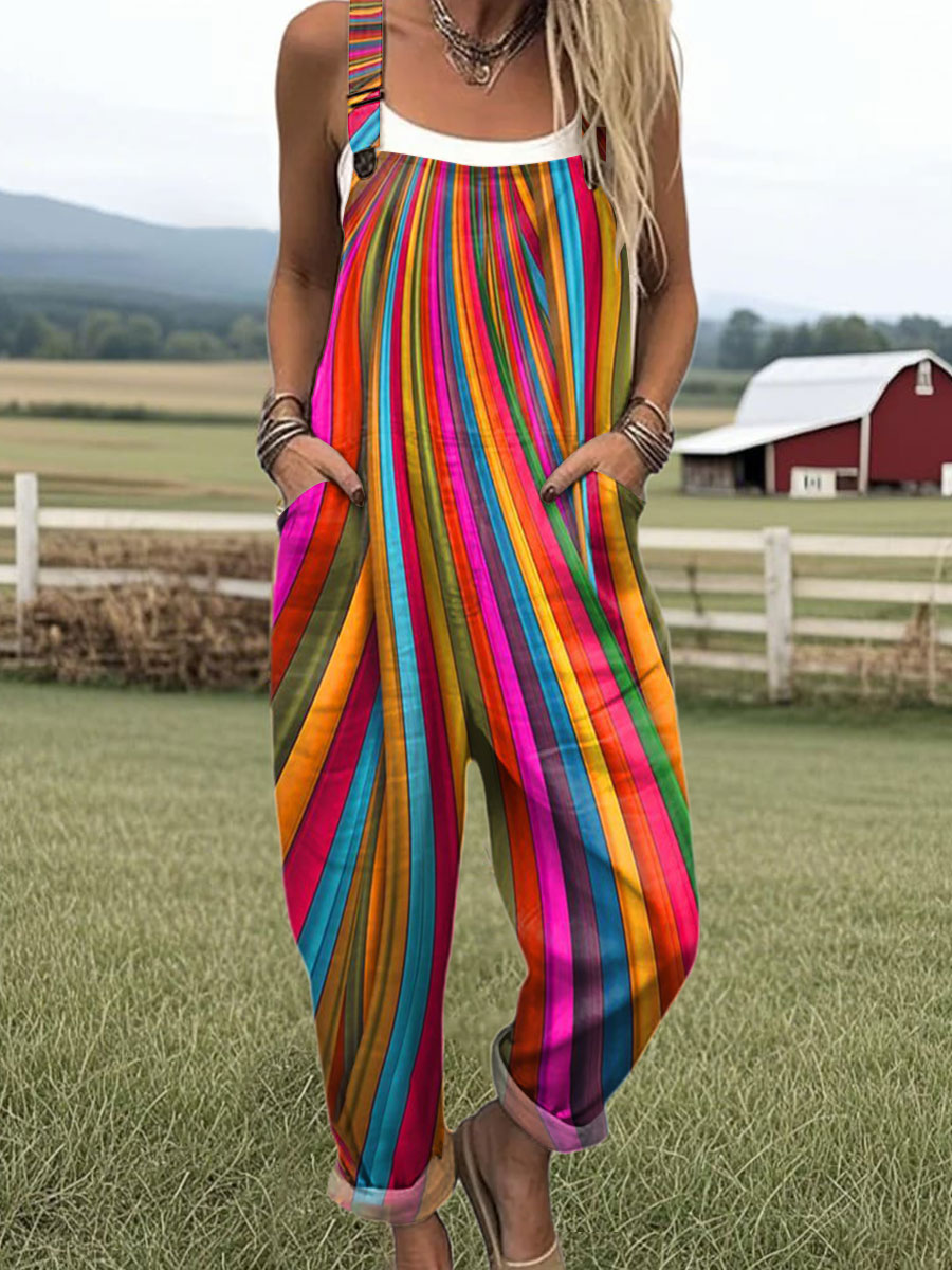 Women's Vintage Rainbow Stripe Art Print Casual 100% Cotton Wide Leg Jumpsuit