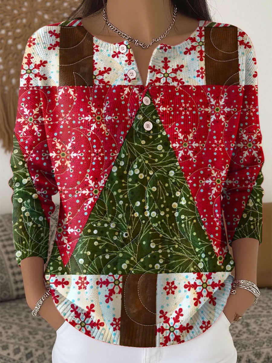 Women's Christmas Tree Art Print Buttoned Cardigan Sweater