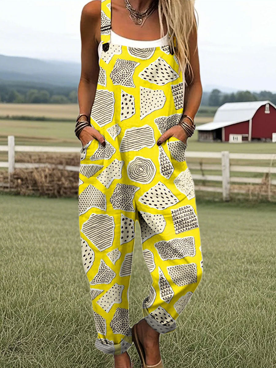 Women's Fashion Geometric Line Art Print Casual 100% Cotton Wide Leg Jumpsuit