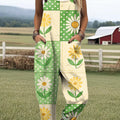 Women's Beautiful Chrysanthemum Plaid Painting Art Print Casual 100% Cotton Wide Leg Jumpsuit