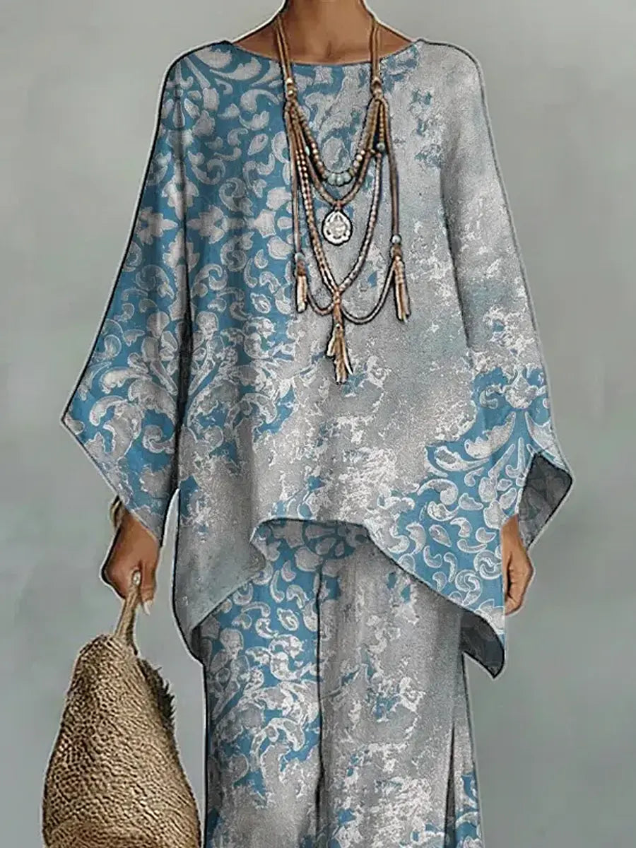 Women's Vintage Floral Art Comfortable Loose Cotton Linen Wide-leg Pants Two-piece Set