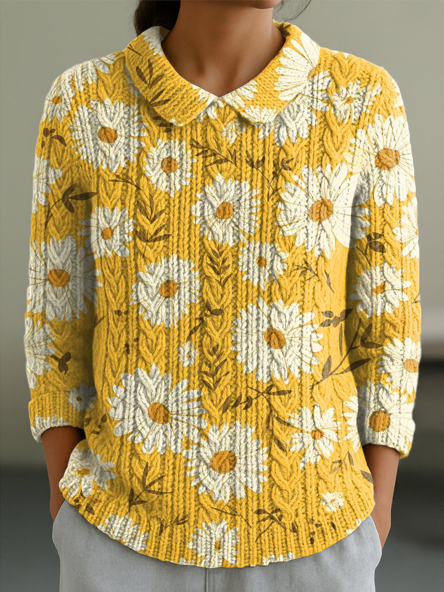 womens-cute-sunflower-painting-art-print-casual-peter-pan-collar-3-4-sleeve-sweater-u83a