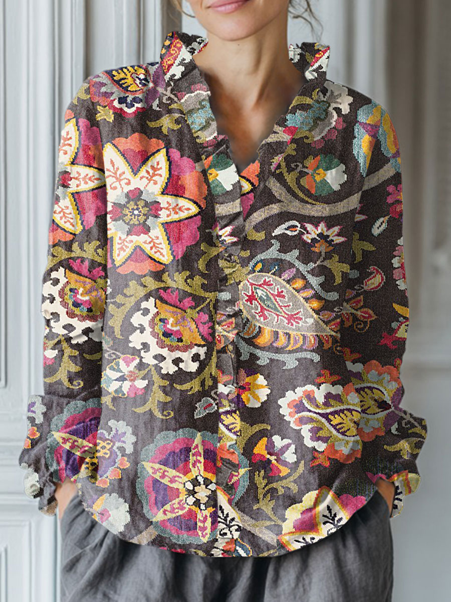 Women's Vintage Flower Art Print Casual Cotton And Linen Ruffle Shirt