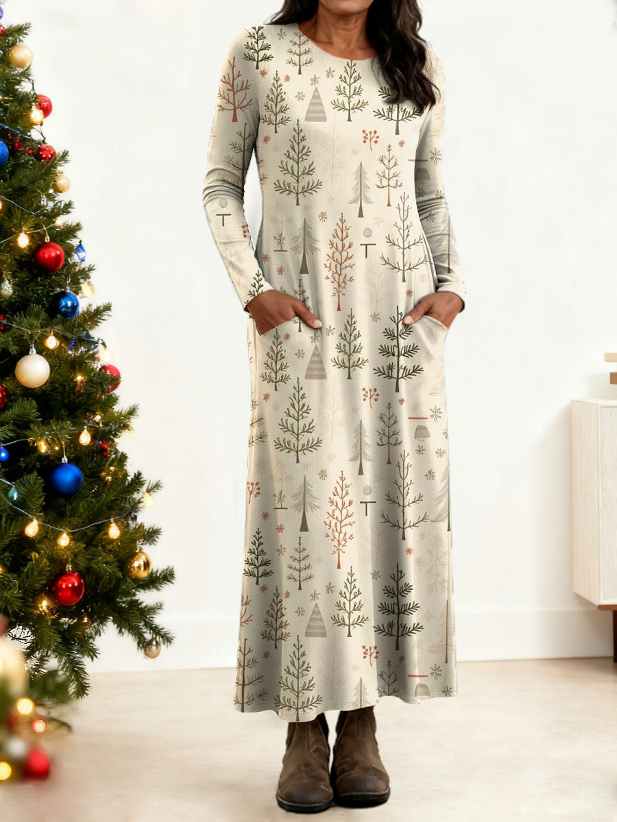 Women's Christmas Tree Pattern Art Print Long-sleeved Dress