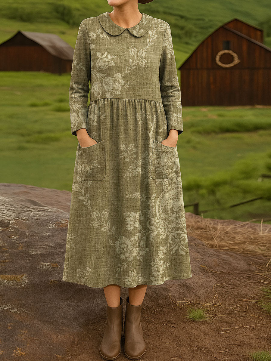 Women's Vintage Flower Art Print Cotton Lapel Button-Down Shirt Dress