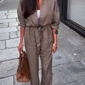 Women's Solid Color Lapel Long Sleeve Casual Loose Lace-up Cotton and Linen Wide-leg Jumpsuit