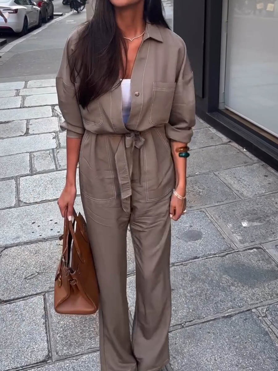 Women's Solid Color Lapel Long Sleeve Casual Loose Lace-up Cotton and Linen Wide-leg Jumpsuit